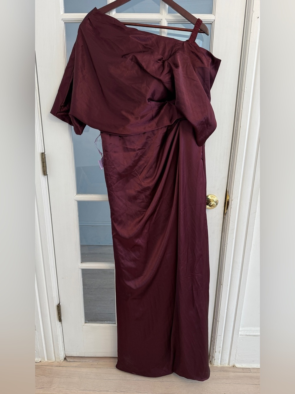 MISS VEIL Women's Burgundy Satin Off Shoulder Lace Up Full Length Formal Dress